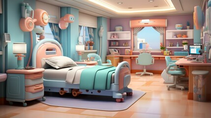 A colorful and spacious hospital room with a bed, desk, and computer.