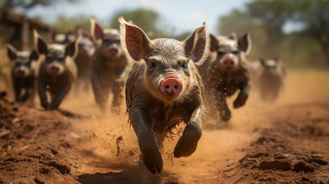 A group of wild pigs running in the African savannah