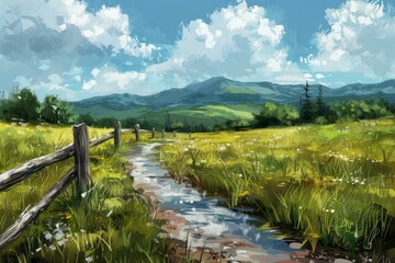 Fototapeta premium Countryside landscape with mountains in the distance