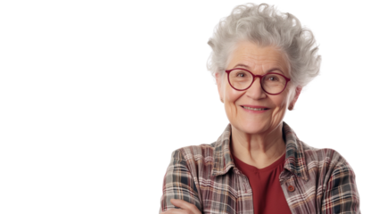 Portrait of a Happy Caucasian Grandmother Wearing Glasses on Transparent Isolated Background 
