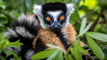 Fototapeta premium A black and white ruffed lemur with orange eyes sits in a tree