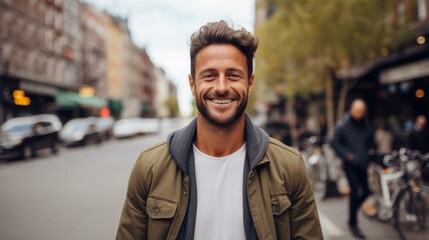 Naklejka premium Portrait of a smiling man in a green jacket