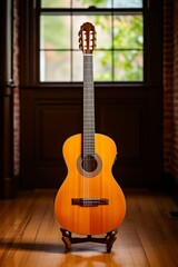 Naklejka premium A classical guitar is displayed on a wooden stand in front of a window.