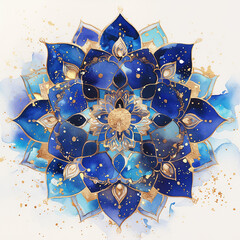 A blue and gold mandala flower with gold accents. The flower is a symbol of peace and love
