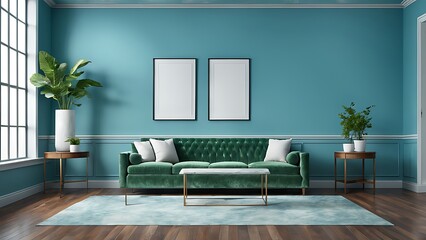  Photo modern vintage interior of living room, blueprint home decor concept ,green couch with marble table on wall and hardwood flooring ,3d render