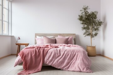 A cozy pink bedroom with a large pink olive tree