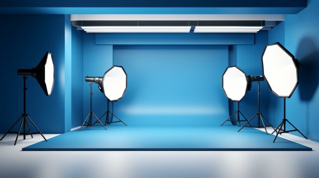 Blue photography studio background with lighting equipment