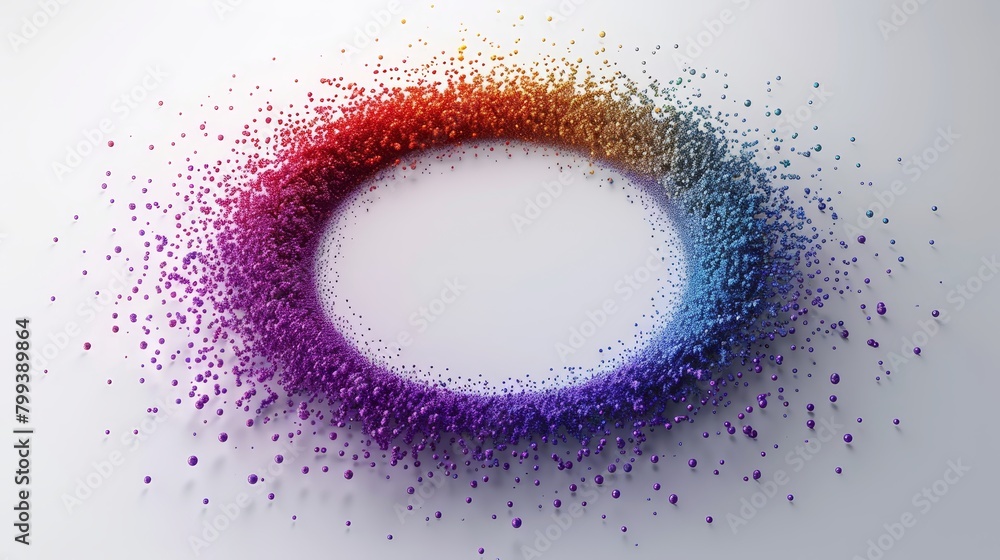 Poster a circular design composed of small colored dots against a white backdrop, featuring an unoccupied w