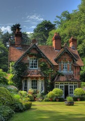 English country house surrounded by trees and flowers