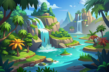 lush tropical paradise with cascading waterfalls in 3D illustration