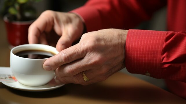 man in red shirt holding a cup of coffee