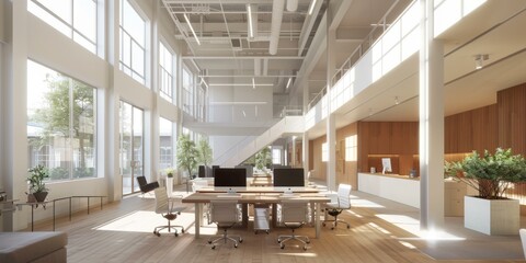 Large open office space with wooden floor and large windows