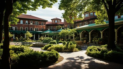 Courtyard of a luxury hotel with a garden and a fountain