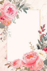 A pink background frame with a white frame and pink flowers. The flowers are roses and there are also some daisies