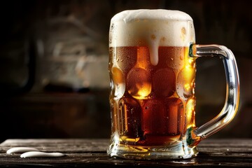 A close-up image of a mug of beer on a wooden table