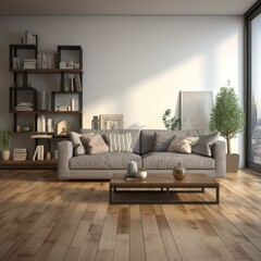 A modern living room with a large window, a gray sofa, a coffee table, a rug, and a few plants