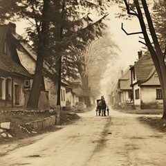 A horse-drawn carriage rides down a street in a rural village