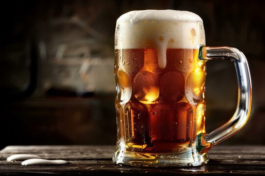 A close-up image of a mug of beer on a wooden table