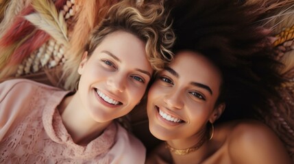 Fototapeta premium Portrait of two smiling women lying on a bed of flowers