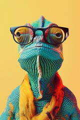A chameleon dons hipster glasses, a display of bright colors and personality against a vibrant backdrop