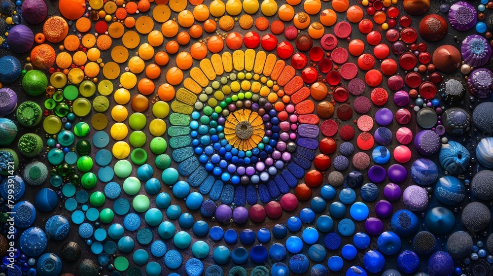 Poster a multicolored artwork comprised of various sized circles with a yellow center encircled by smaller 