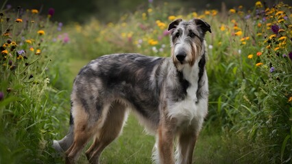 A majestic Irish Wolfhound standing amidst a field of wildflowers, epitomizing grace and strength.