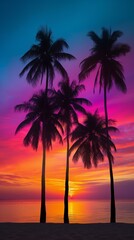 Fototapeta na wymiar Tropical Beach Sunset With Palm Trees