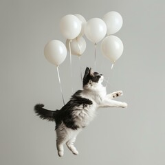 Cat floating with balloons