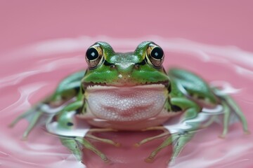 A green frog floats in a pink liquid
