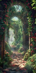 Fototapeta premium Mystical Garden Path with Stone Archway and Red Roses