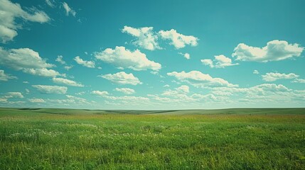 Fototapeta premium Green Grass Field Under Blue Sky With White Clouds