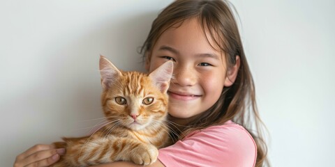 Little girl hugging an orange cat