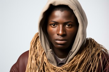 Portrait of a young African-American man wearing a brown leather jacket and a tan hoodie