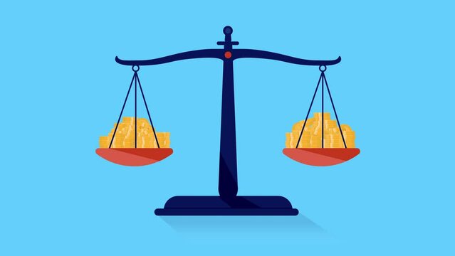 Money balance on weight scale - Flat design animation of equal amount of coins being measured and compared. Balancing business economy and finances concept video animation on blue background