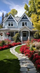 Small blue house with red flowers in the front yard