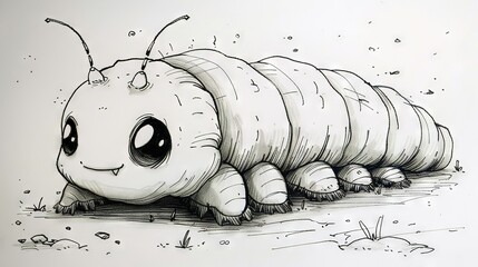  A sketch of a caterpillar lying flat on the ground with its head turned up, resembling a caterpillar