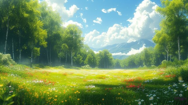 Colorful flowers and green trees in a beautiful summer landscape