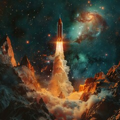 rocket launch from a valley on another planet