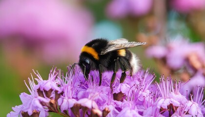 A fuzzy bumblebee busily pollinating a bright purple flower, with a soft, blurred background