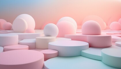 Fototapeta premium A surreal dreamscape with floating geometric shapes and a gradient of pastel colors,