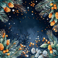 Christmas botanical illustration with winter plants and berries