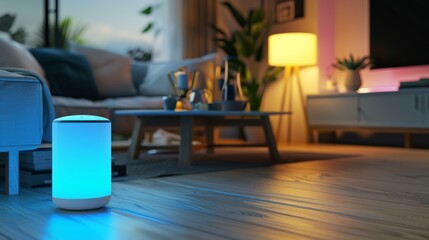 Smart Home Technology Futuristic AI Assistant Illuminating Modern Living Space with Warmth and Efficiency
