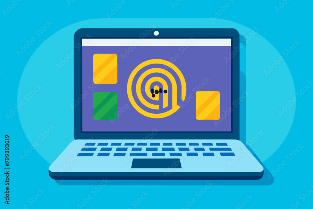 Poster laptop with a built-in fingerprint scanner vector for secure login and data protection.