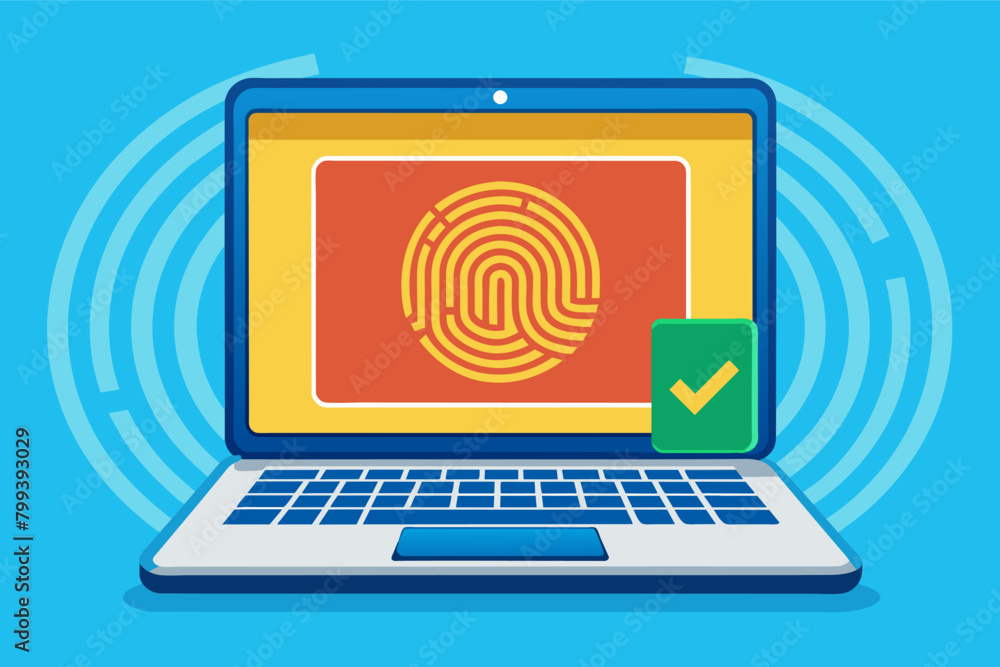 Poster laptop with a built-in fingerprint scanner vector for secure login and data protection.