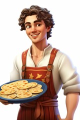 An illustration of a young man holding a plate of bread.