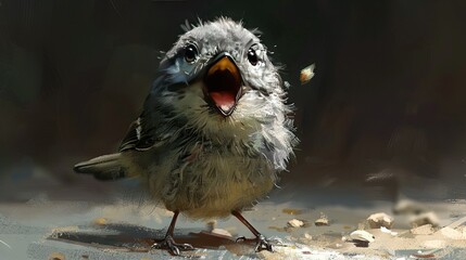   Small bird with its mouth open and mouth wide open