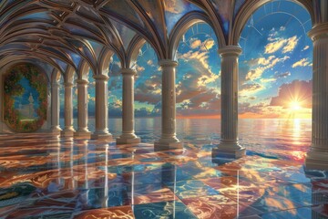 fantasy castle with marble floor and colorful sunset