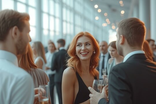 Redhead woman in black dress talking to two men at a party