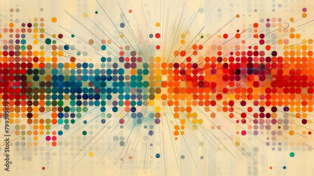 Poster a multicolored background filled with numerous dots, encircled by lines in its center