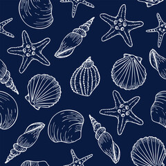 Underwater seamless pattern with seashells line art illustrations in white color on blue background. Scallop sketch, seashell line drawing. Summer ocean beach print for background, textile, fabric